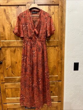 Rust Floral Tie-Front Maxi Dress